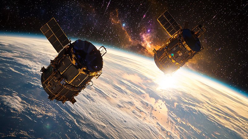 NASA's New Space Telescope | Exploring the Origins of the Universe 1 Two satellites orbit Earth against a backdrop of stars and a distant galaxy. The sun peeks over the horizon, illuminating cloud patterns on Earth's surface.