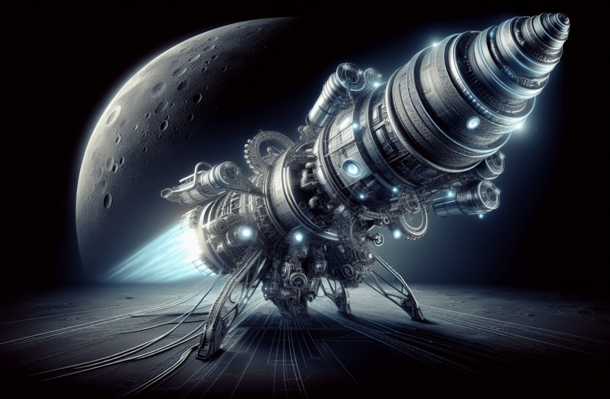 Una máquina en una superficie con una luna de fondo.