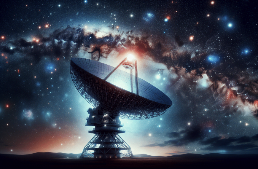 Una imagen de una antena parabólica en el cielo nocturno.