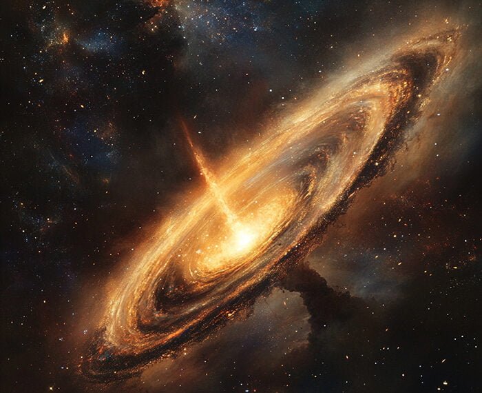 A glowing, swirling galaxy with a bright central core emits a jet of light and energy into space, surrounded by dark cosmic clouds, shaping galaxies in its wake.