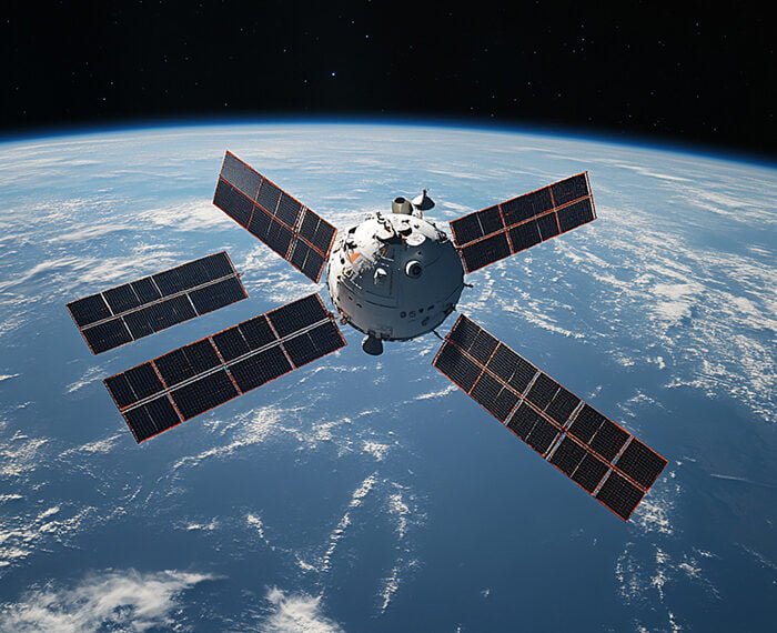A satellite with solar panels orbits above Earth, the blue planet's surface and cloud formations visible below, epitomizing the marvels of space science.