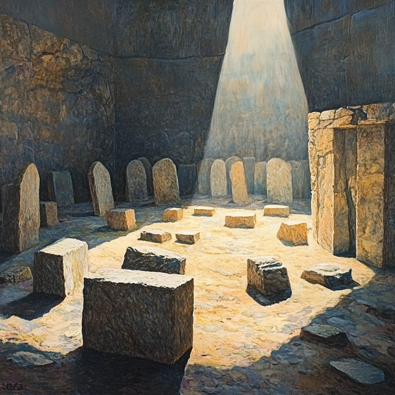 A sunbeam illuminates an ancient burial site's stone circle in a dim, enclosed space, casting shadows on the floor.