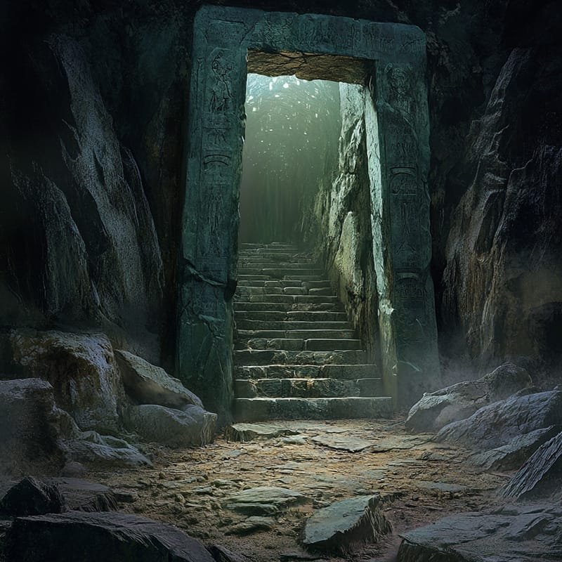 An ancient stone staircase ascends through a doorway carved in a rocky cave, reminiscent of ancient burial sites, with light illuminating the entry from above.