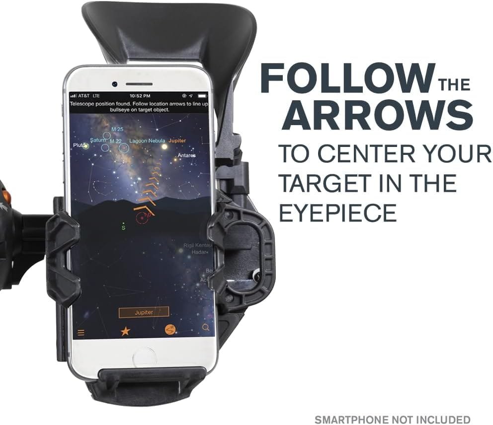 A smartphone is mounted on a telescope attachment, displaying a stargazing app with instructions to follow arrows to center the target. Text reads, "Follow the arrows to center your target.