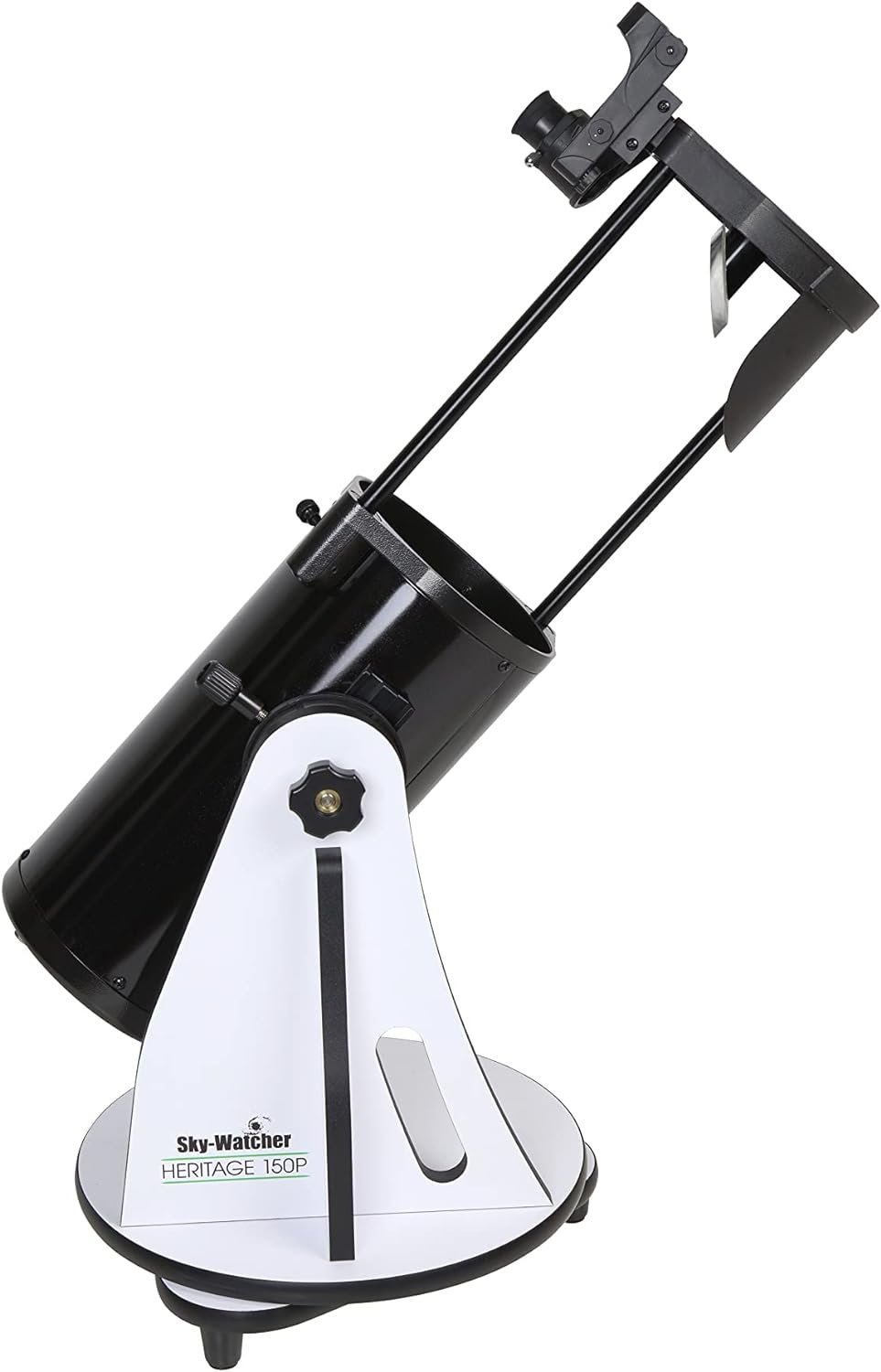 A tabletop reflector telescope with a black optical tube and a white mount, labeled "Sky-Watcher Heritage 150P.