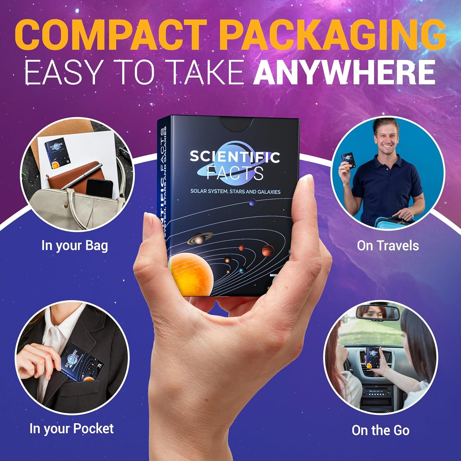 A hand holds a box labeled "Scientific Facts," with smaller images showing the box in various scenarios: a bag, a pocket, during travel, and in a car. Text highlights the compact and portable nature of the packaging.