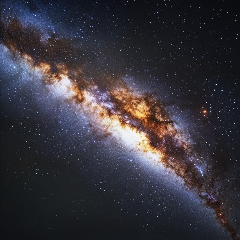 この画像は、星で満たされた暗い空を斜めに横切って伸びる星と宇宙塵の明るい帯である天の川銀河を示しています。