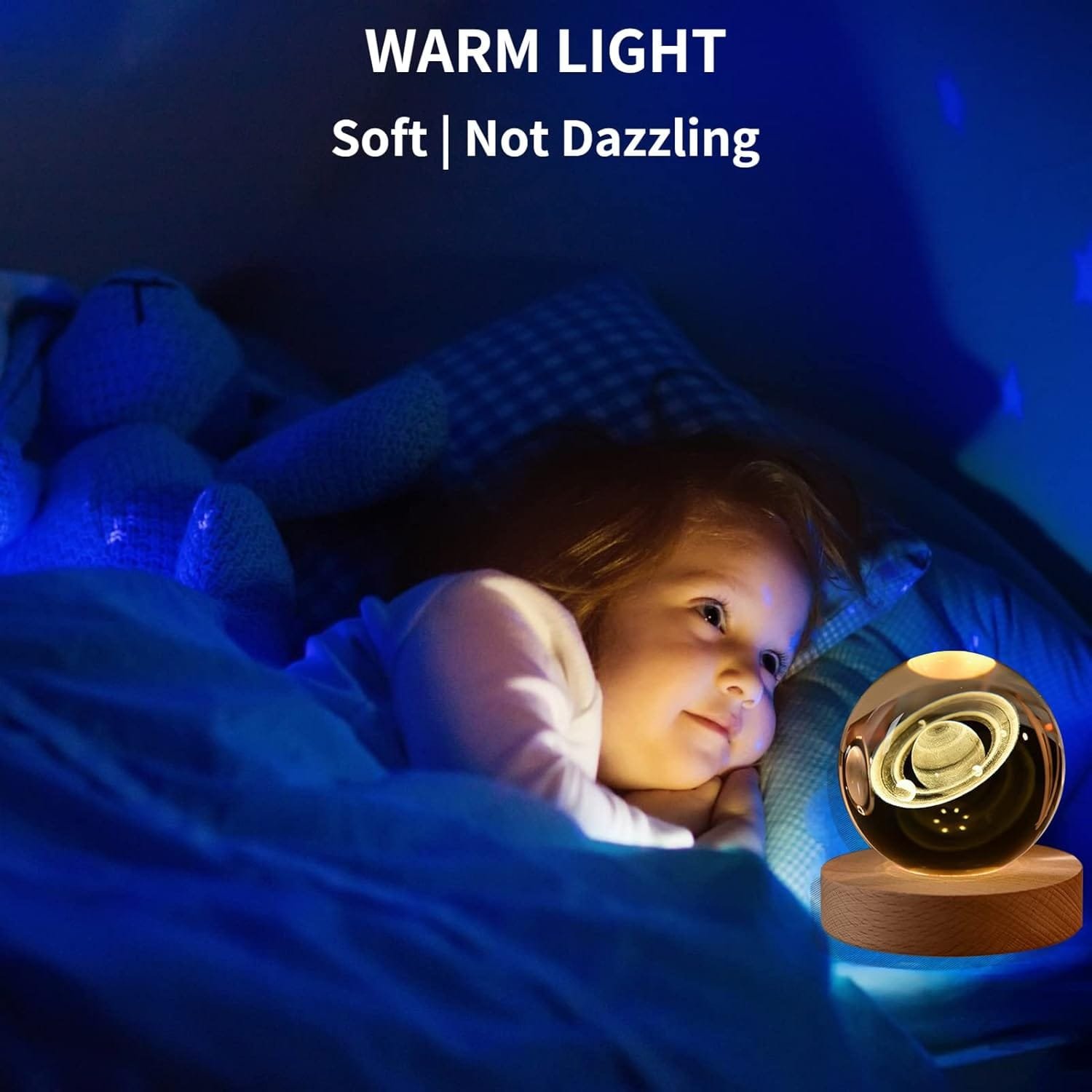 Child lying in bed under a blue glow, smiling at a warm light lamp on a wooden base. Text reads: "WARM LIGHT Soft | Not Dazzling.