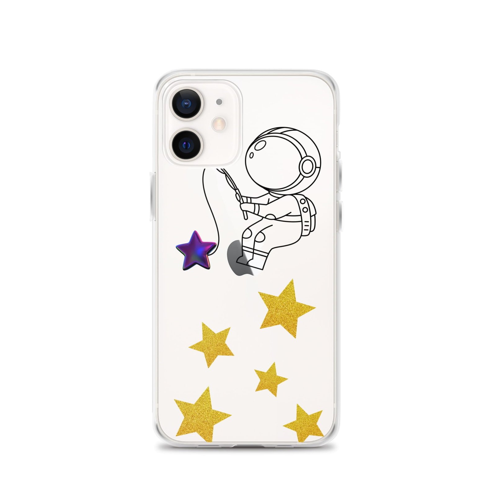 A clear iPhone case featuring an astronaut catching stars.
