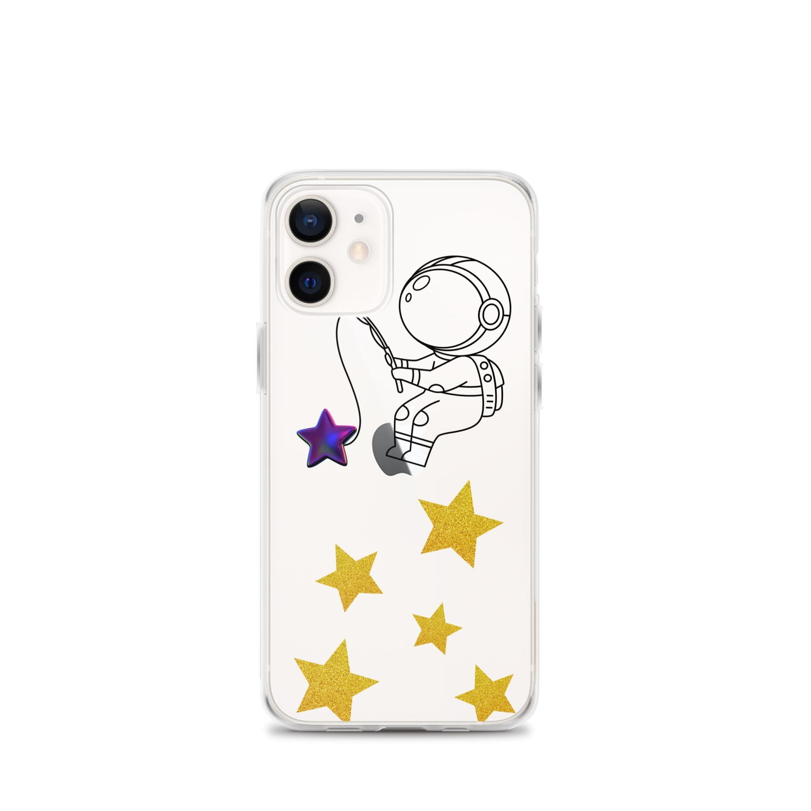 A Clear iPhone Case adorned with an Astronaut and Catching Stars.