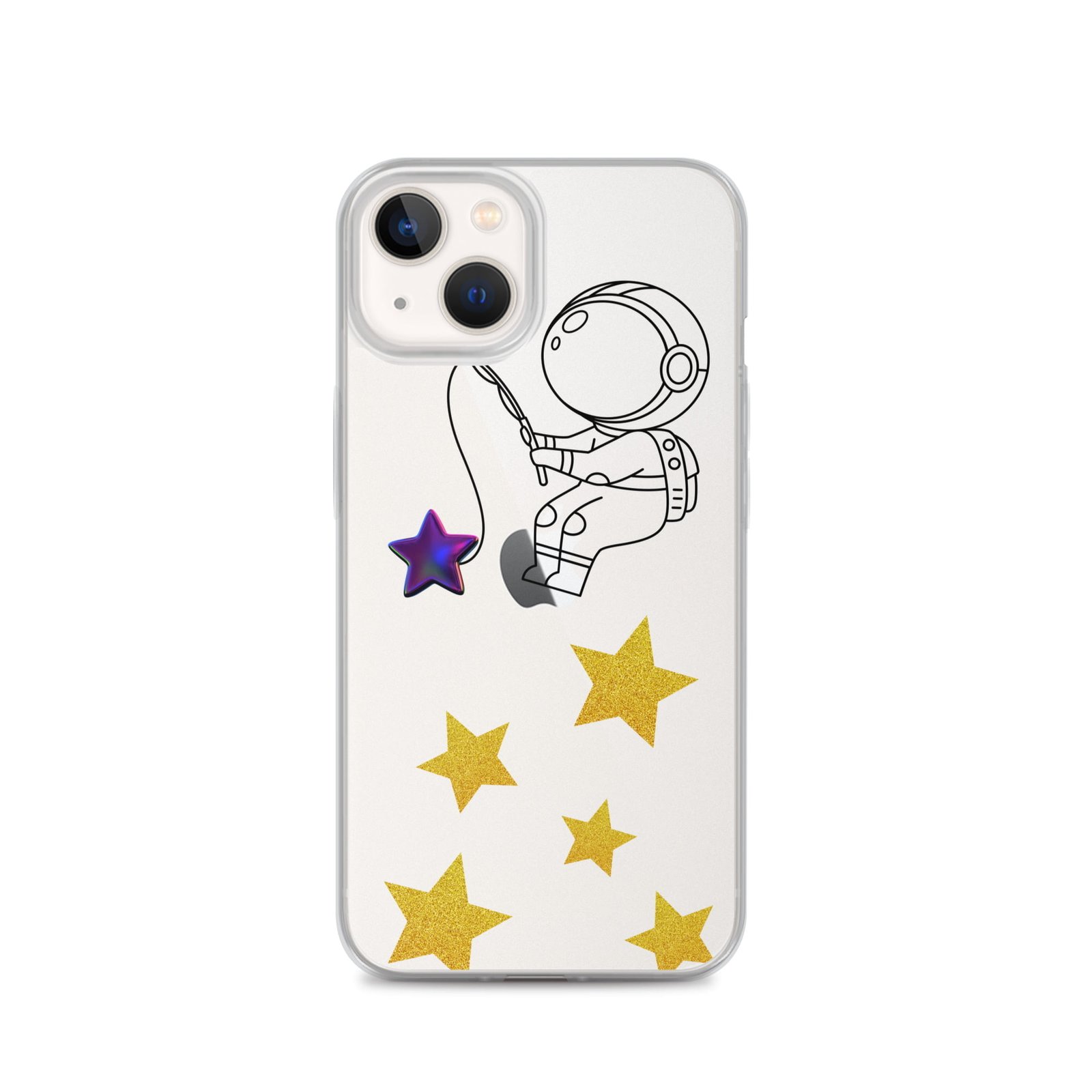 A Clear Case with an astronaut Catching Stars on it, for iPhone.