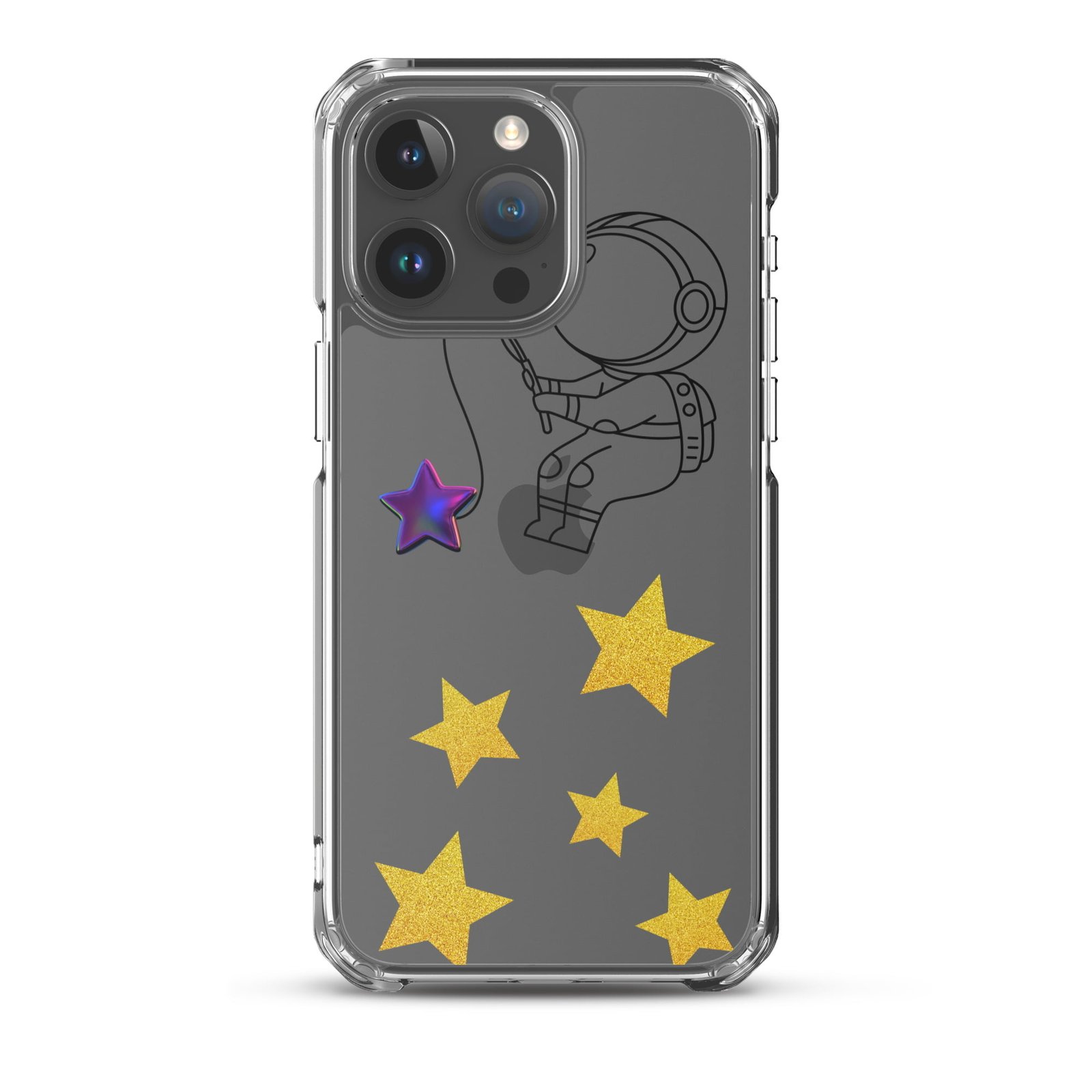 A clear iPhone case featuring an astronaut amidst a constellation of stars.