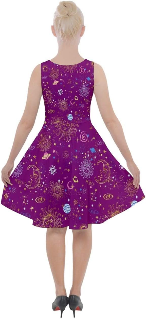 Woman in a Starry Night dress with ornate patterns twirling, seen from behind.