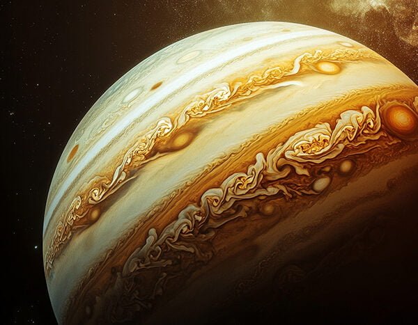 Detailed view of Jupiter showcasing its vibrant bands of clouds and swirling storms.