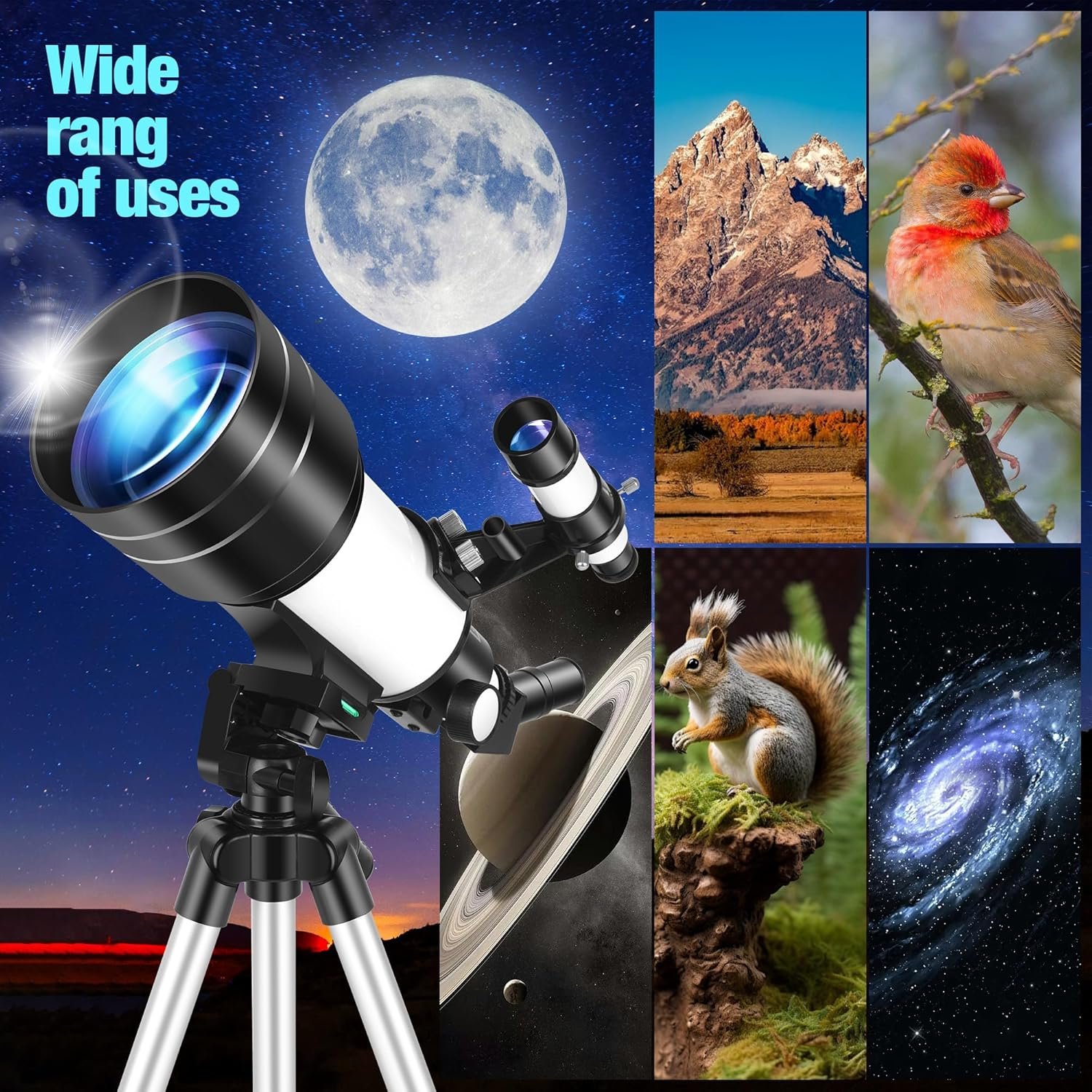 A telescope on a tripod is shown with images of the moon, mountains, a bird, a squirrel, and a galaxy, highlighting its various uses. Text reads "Wide rang of uses.
