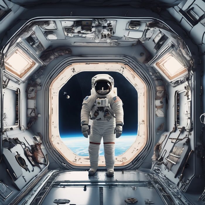An astronaut in a spacesuit stands inside Can_one_walk_in_space_png with Earth visible through the open hatch in the background.