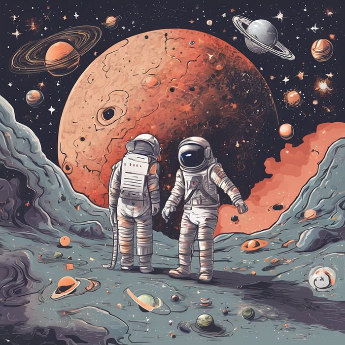 Two astronauts stand on a rocky surface with space helmets on. They observe a massive red planet and several smaller celestial bodies in the starry background of space_png.