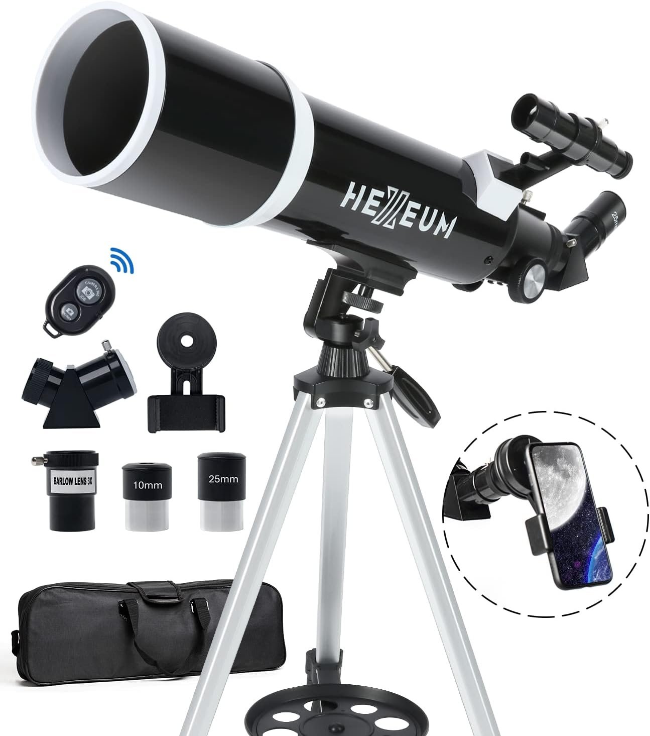 A telescope for beginners with a tripod for viewing the night sky.
