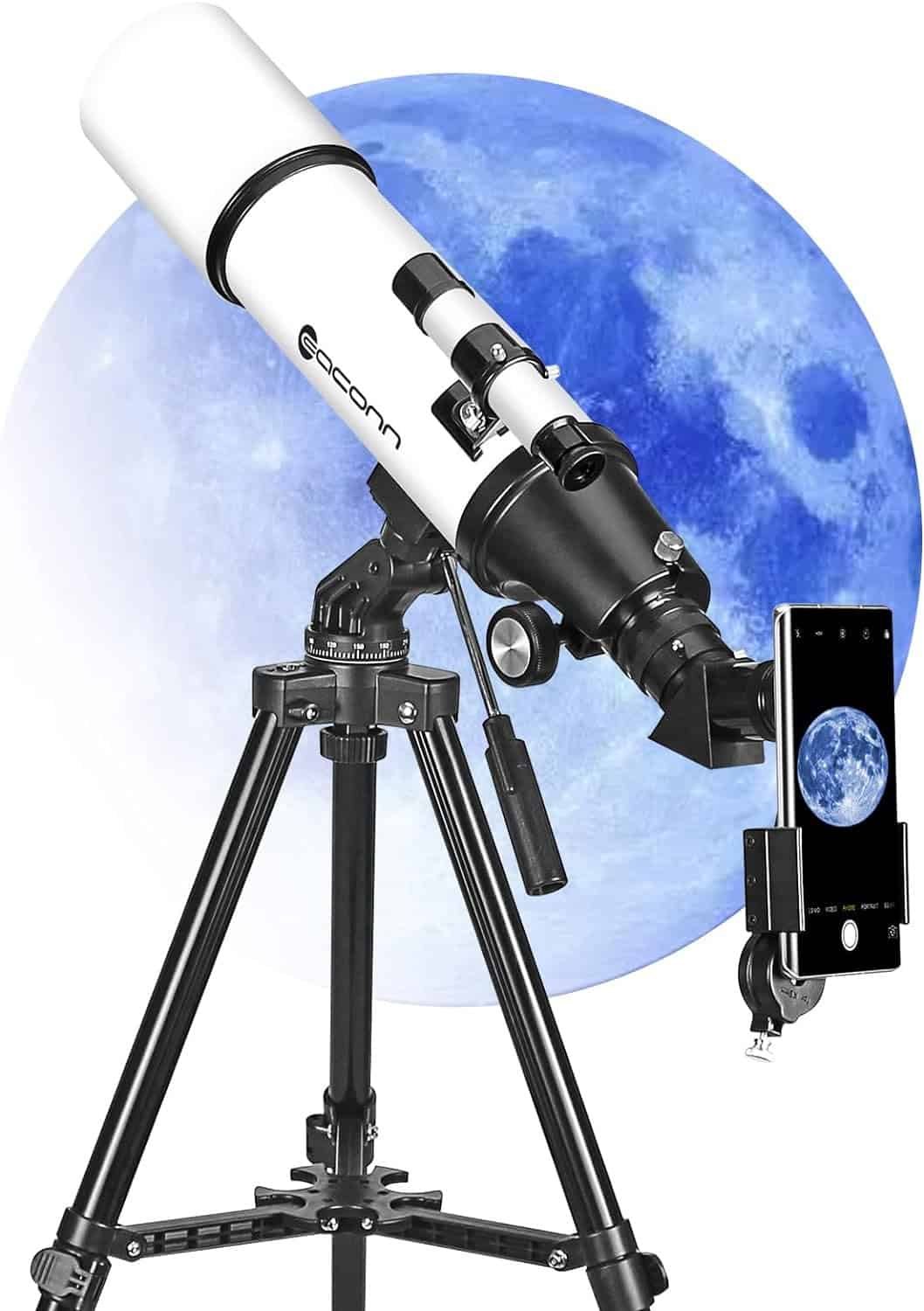 A telescope equipped with a cell phone for adults to capture images of the stars.