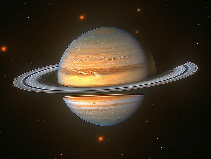 A planet with rings in space, similar to Saturn.