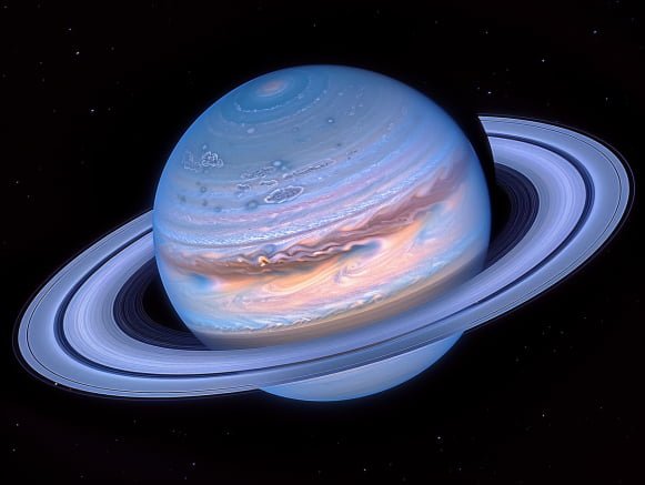 A planet like Saturn with rings around it.