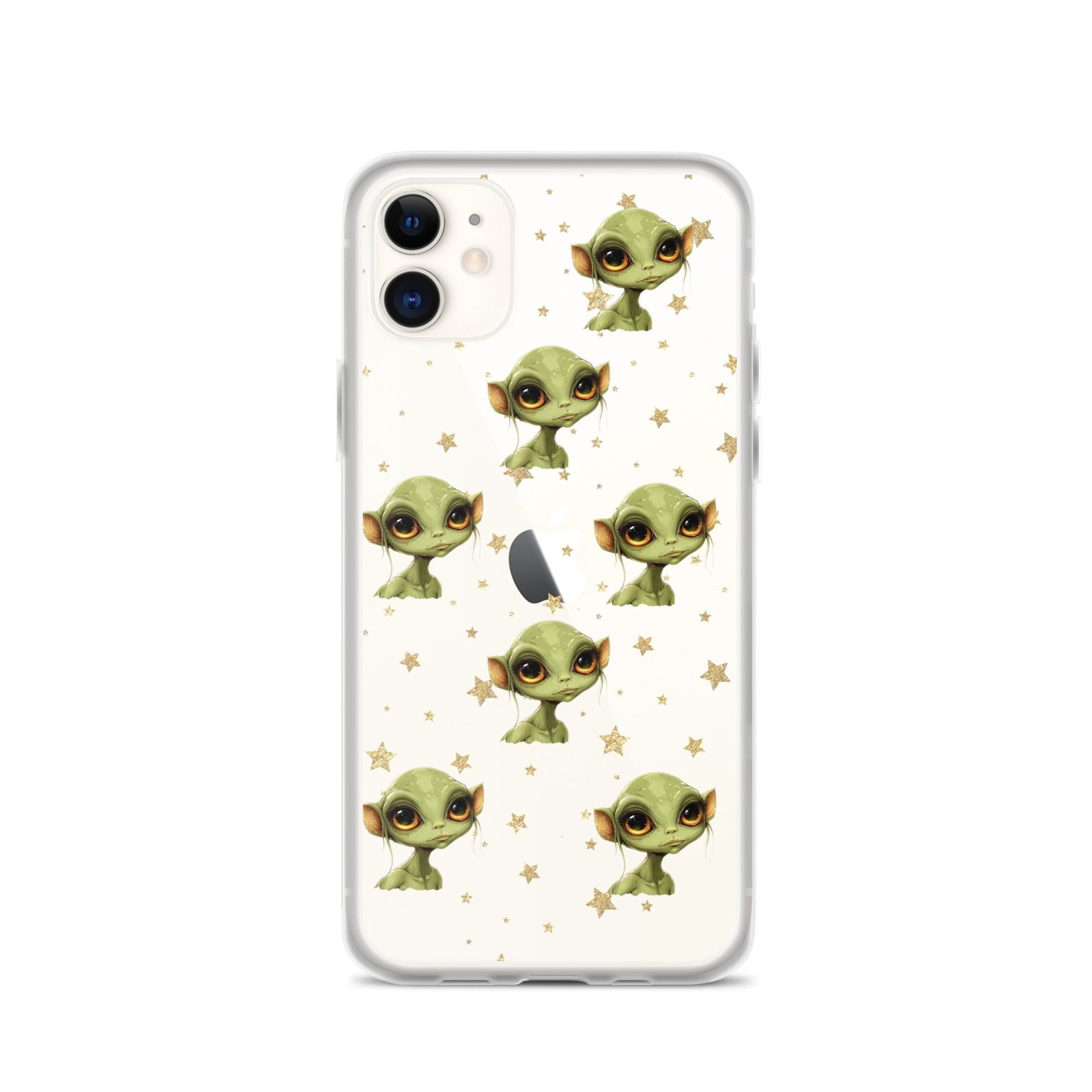 A clear iPhone case featuring a cartoon alien face from deep space.