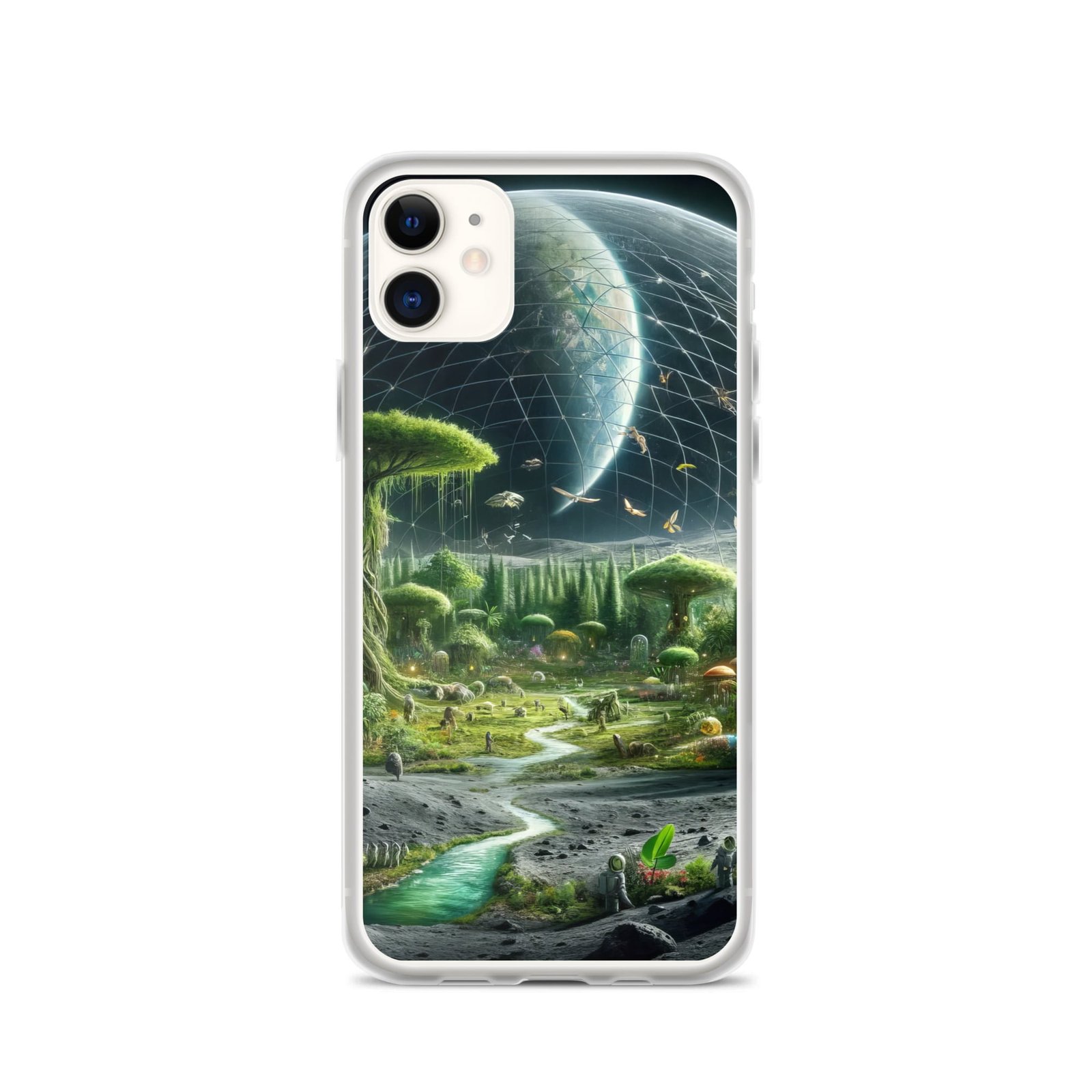 A clear case for the iPhone featuring an image of a moonlit alien landscape.