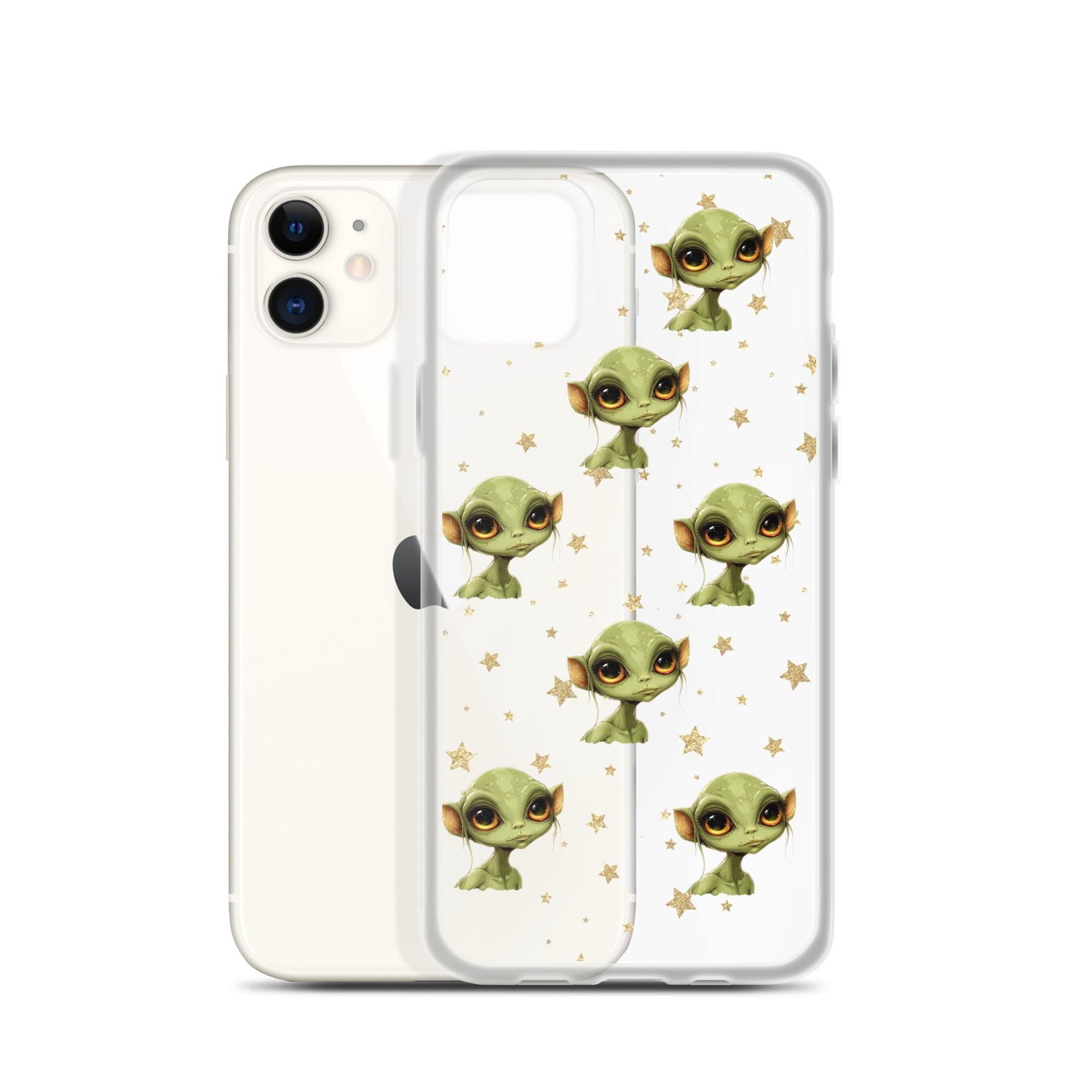 A clear case with green elves and stars on it.