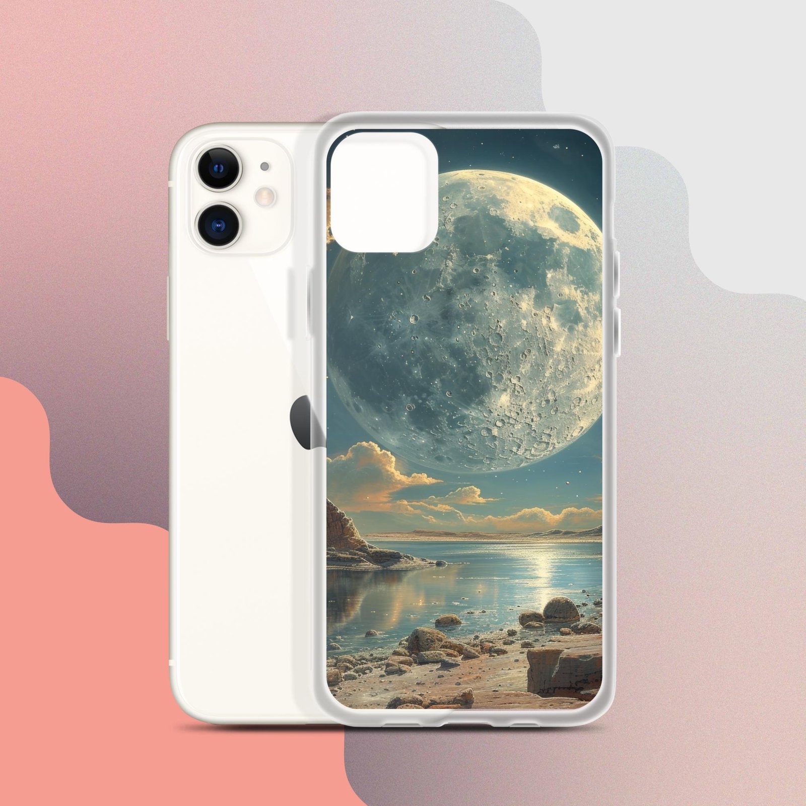 This clear iPhone case features a stunning image of the moon reflecting on water.