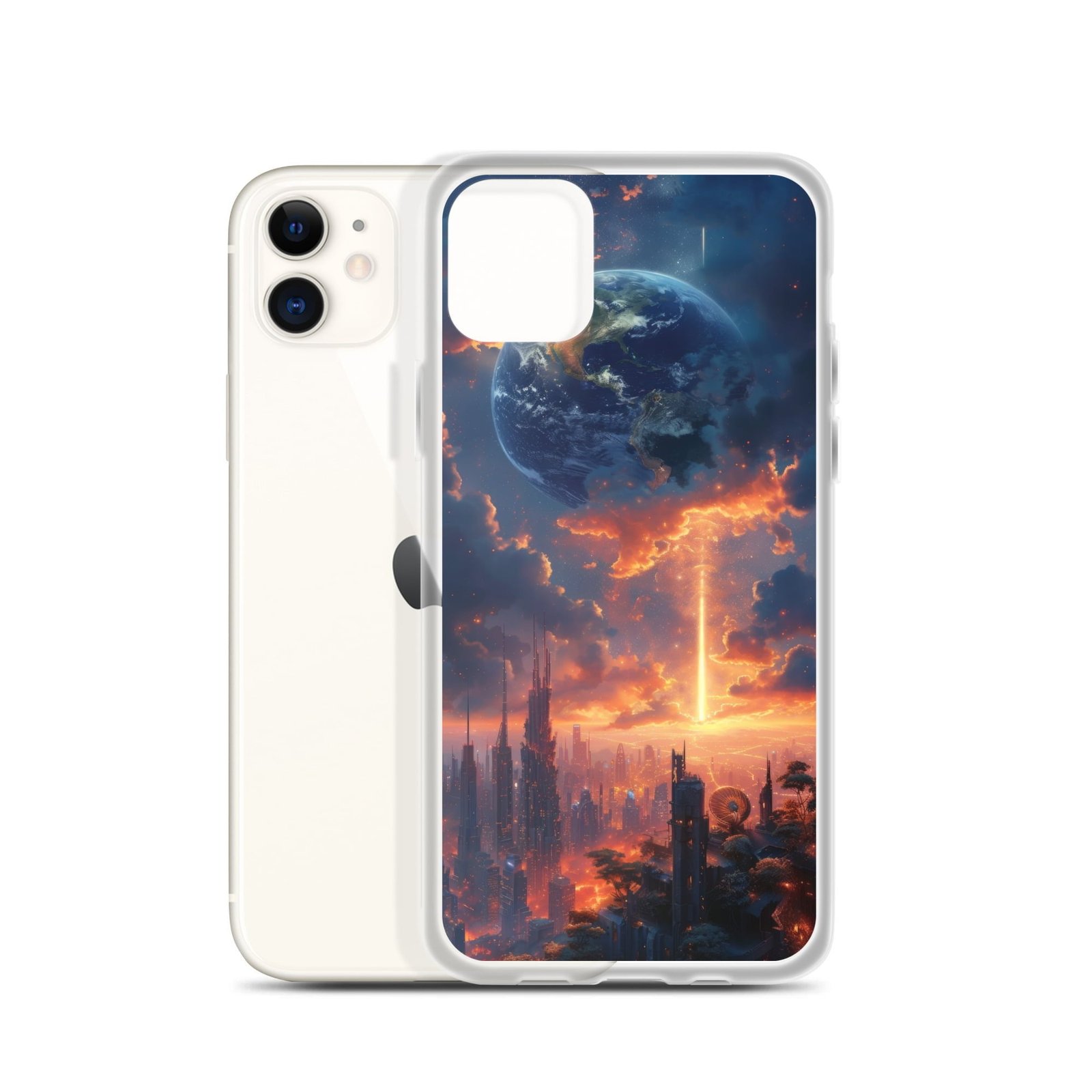 A clear iPhone case featuring a captivating image of the Earth suspended in the sky.