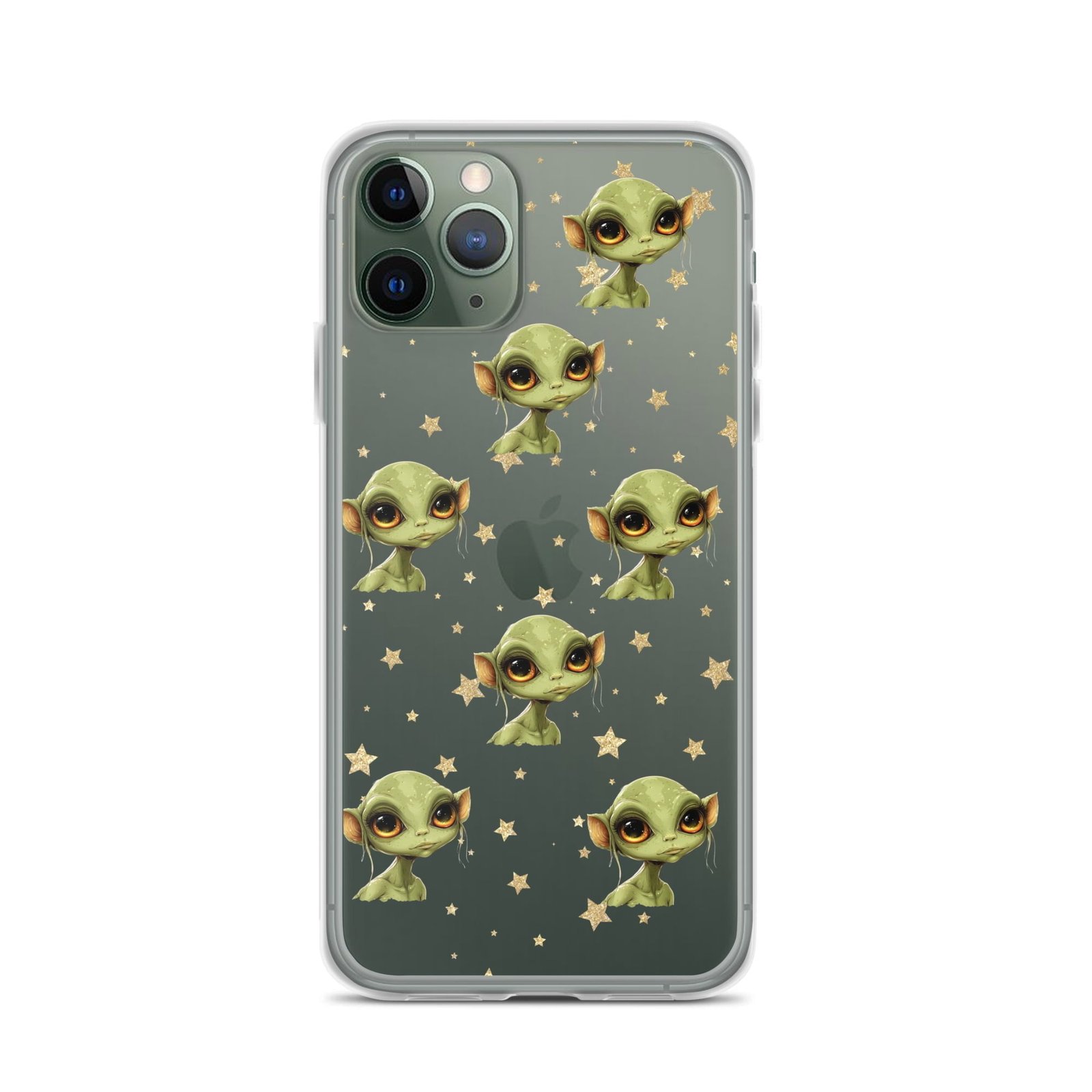 A clear case with green elves and stars on it, perfect for iPhone users who want a touch of deep space alien aesthetic.
