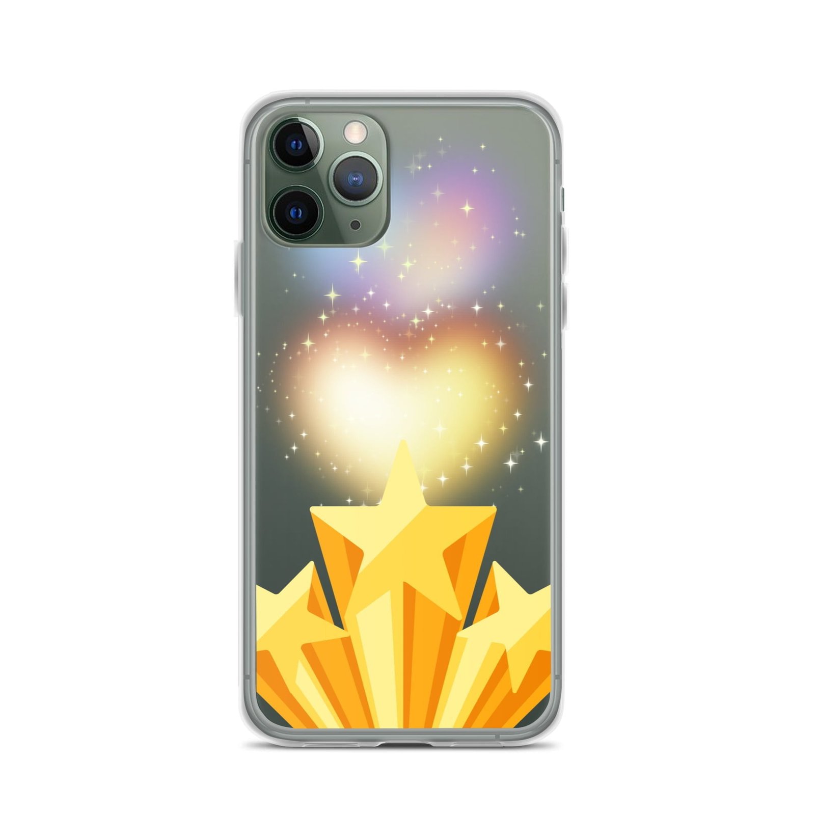 A clear phone case with a golden star and stars on it, inspired by space.