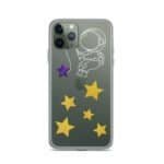 A clear iPhone case with an astronaut against a starry night background.