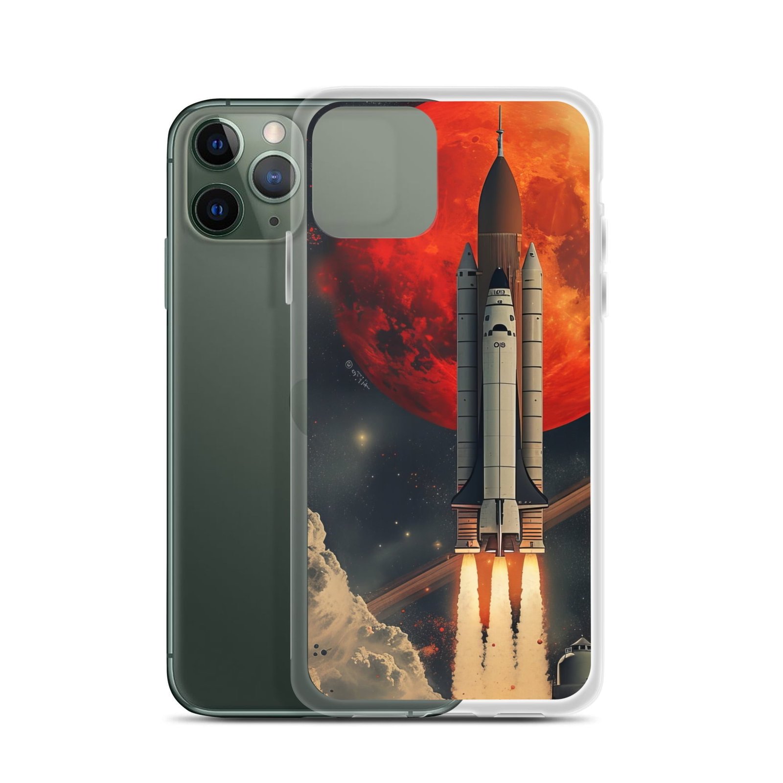 Clear iPhone case featuring a NASA space shuttle launch.