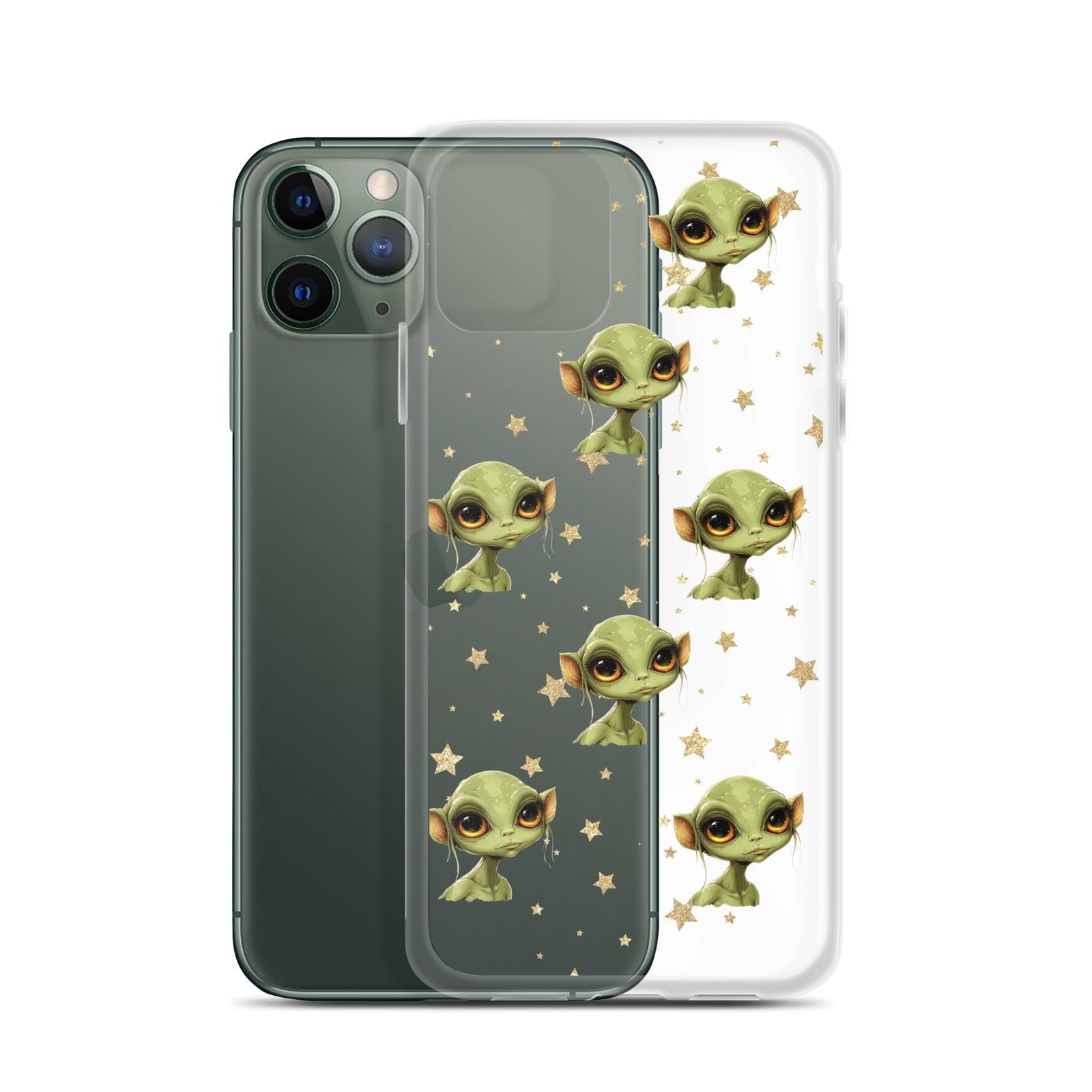 A green Yoda iPhone case with stars and a touch of deep space alien featured on it.