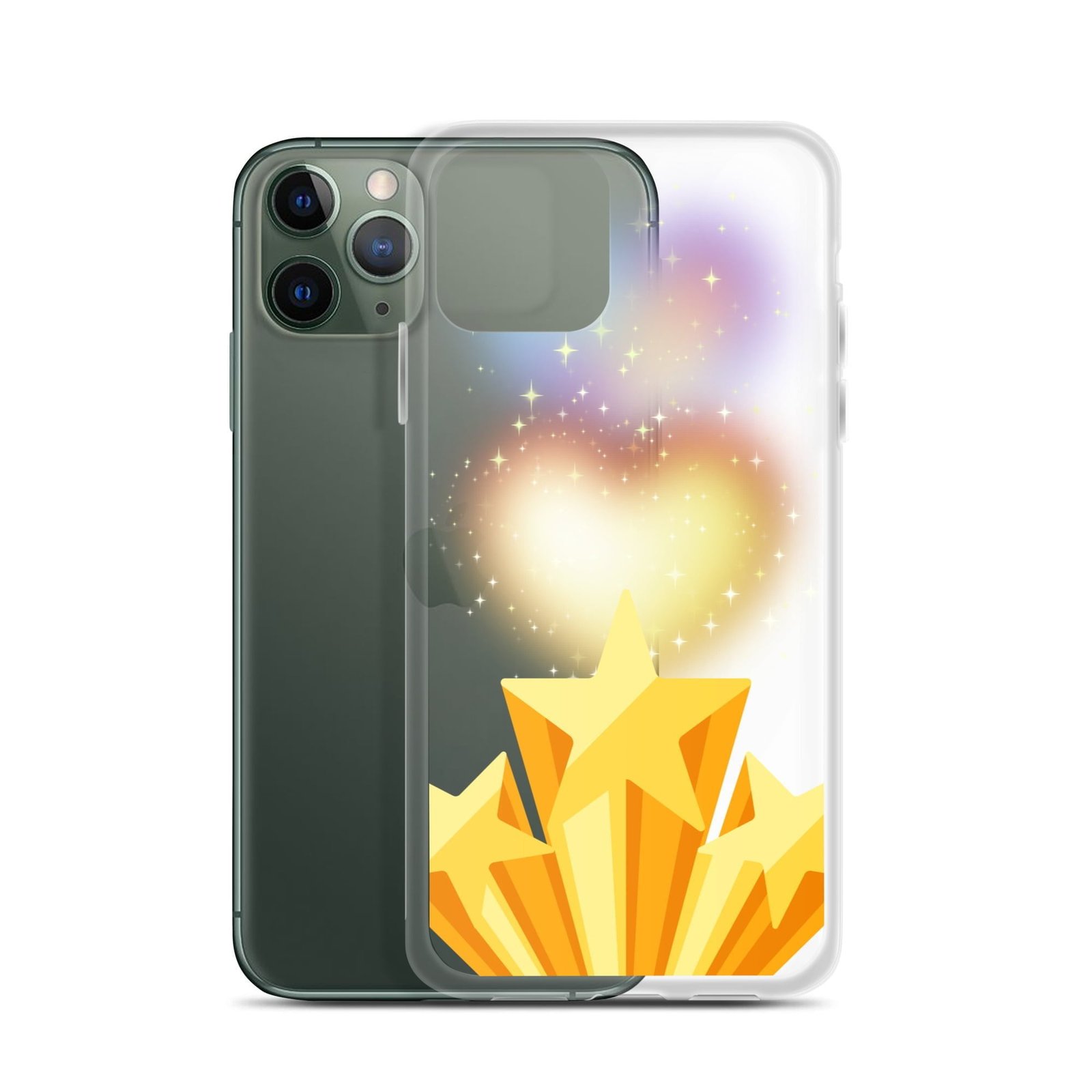A Clear iPhone case featuring a captivating image of a star and a heart, perfect for those who love space.