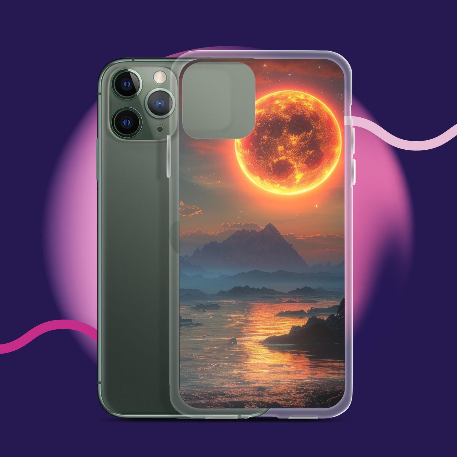 Clear iPhone case with a stunning image of the moon and mountains.