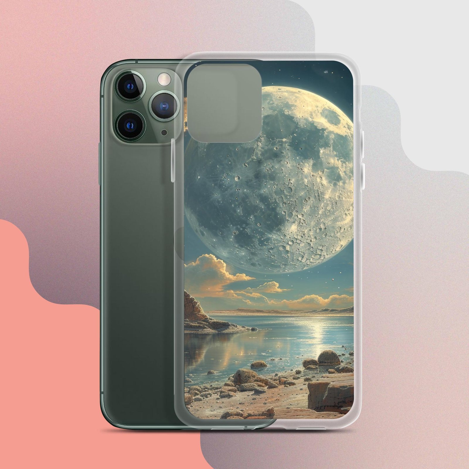 Enhance your iPhone with a stunning clear case featuring a captivating full moon as the background.