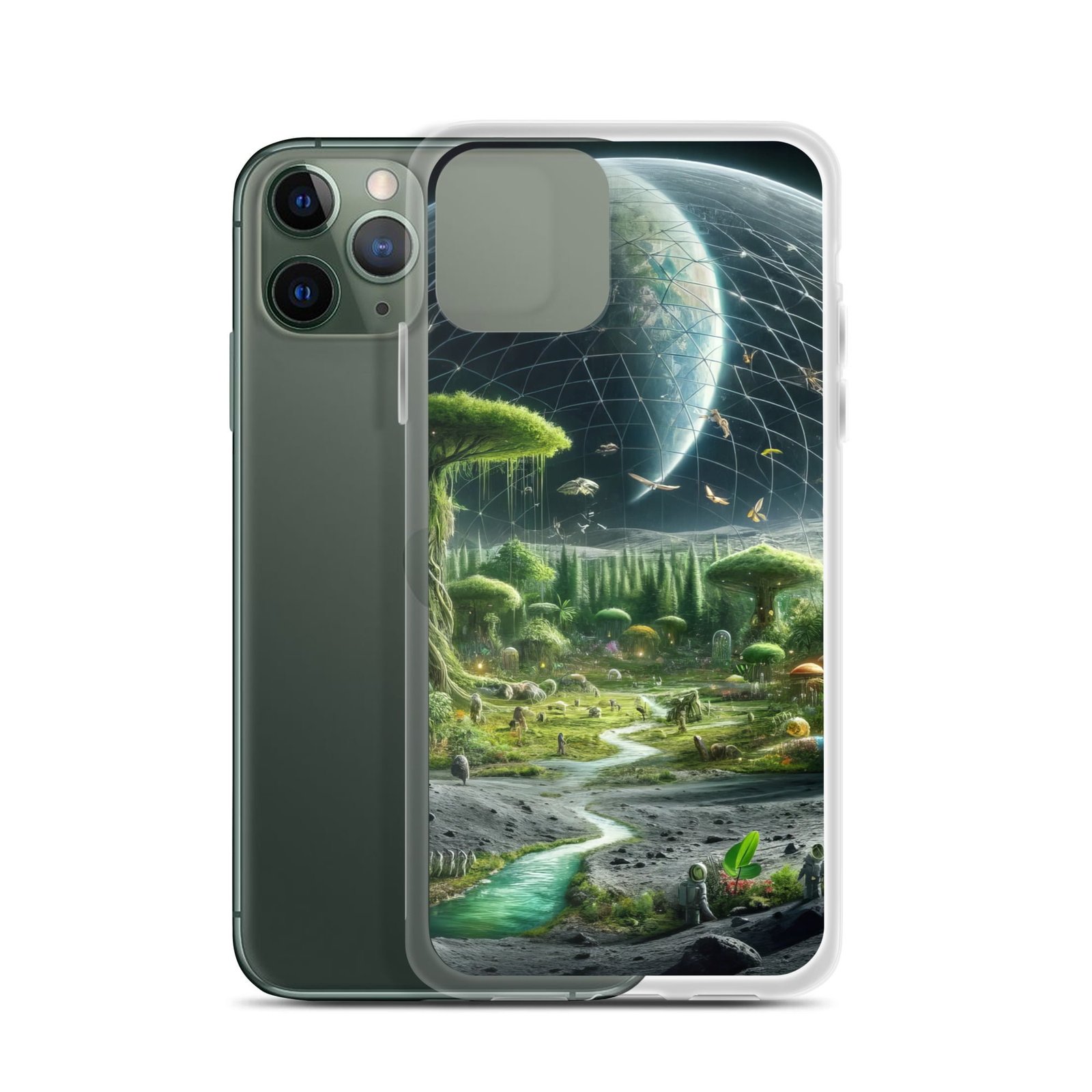 An iPhone case with a clear case and an image of an alien landscape.