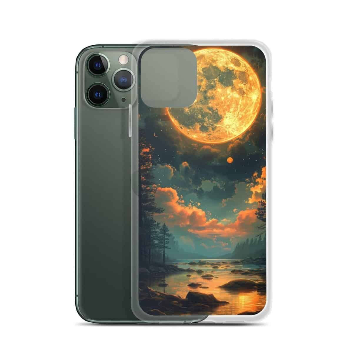 The Moon and Earth iPhone case features a stunning image of the moon over the lake on a clear transparent background. Perfect for iPhone users who want to showcase their love for celestial bodies.