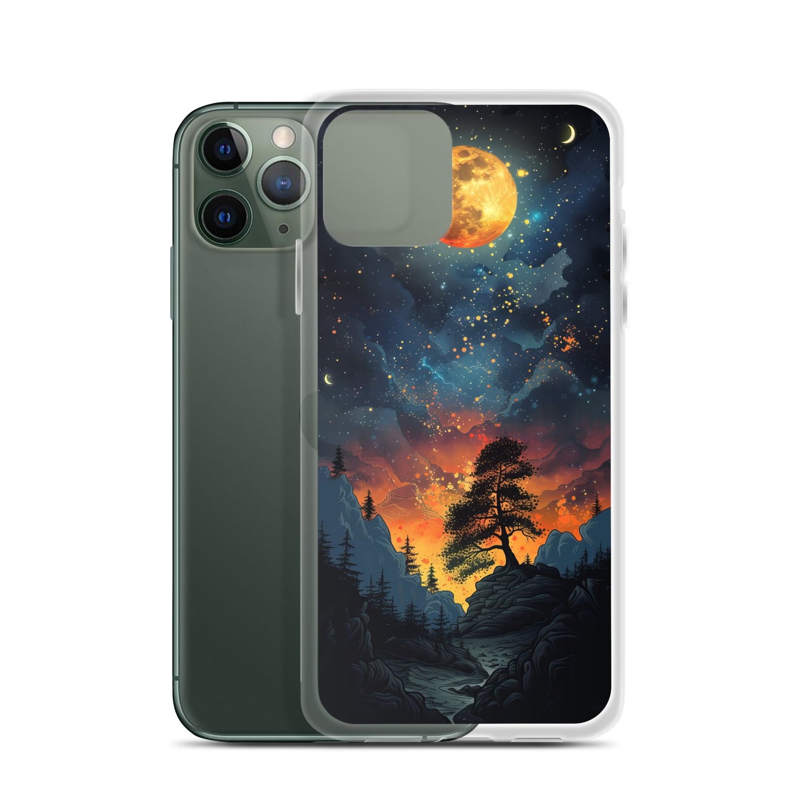 The Clear Case with Night Sky design for iPhone features a stunning depiction of the moon in the sky.