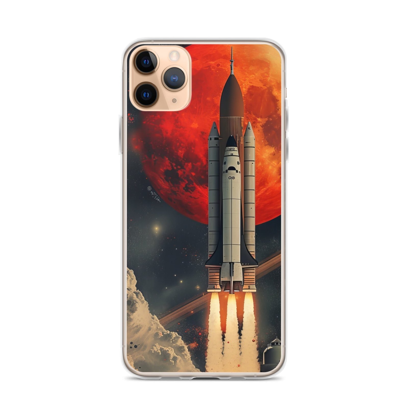 Clear iPhone case featuring a NASA space shuttle launch design.