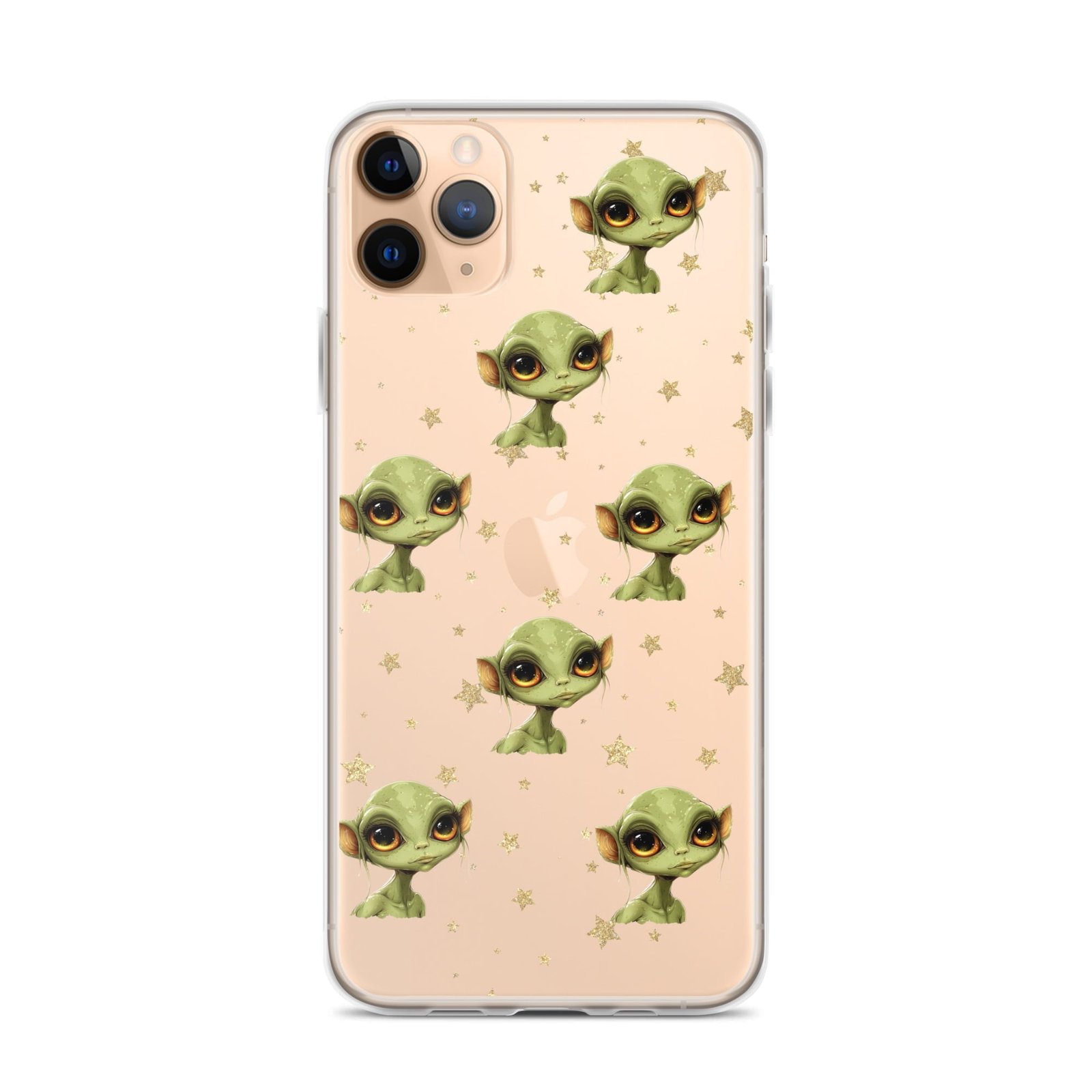 A clear iPhone case adorned with green elves.