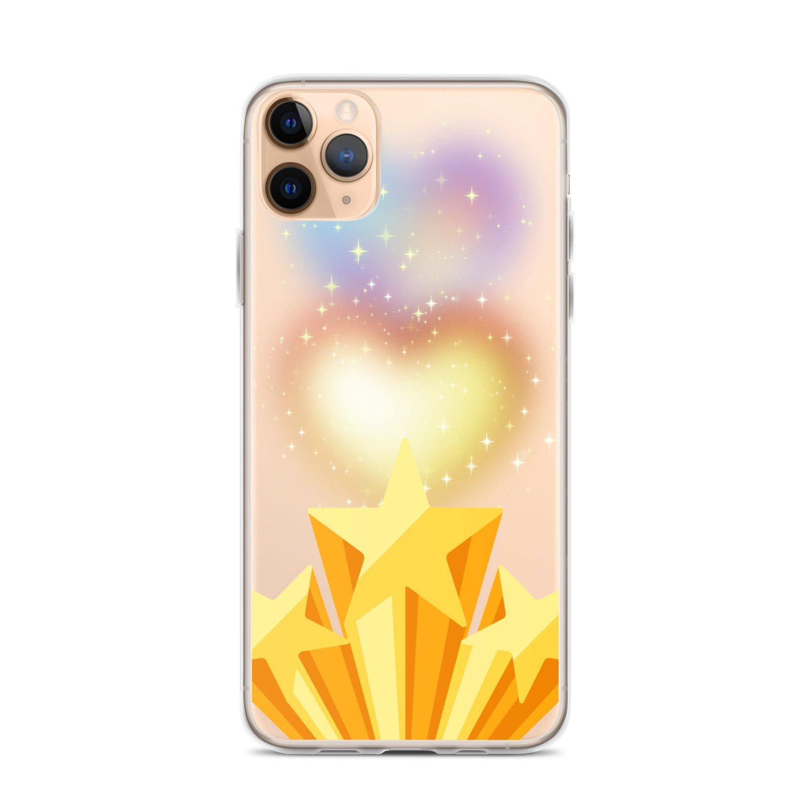 A clear iPhone case adorned with adorable stars and heart designs, creating a love-infused celestial atmosphere.
