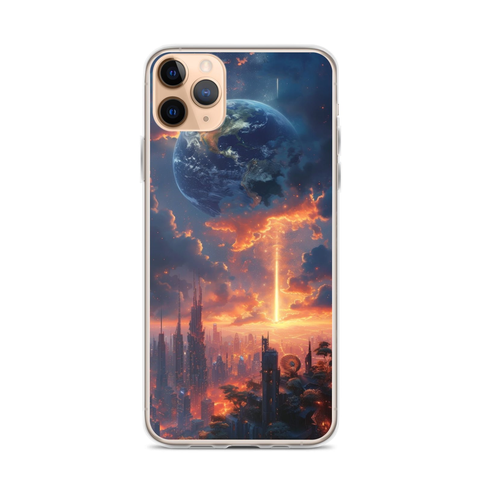 A clear iPhone case with an image of a city at sunset.