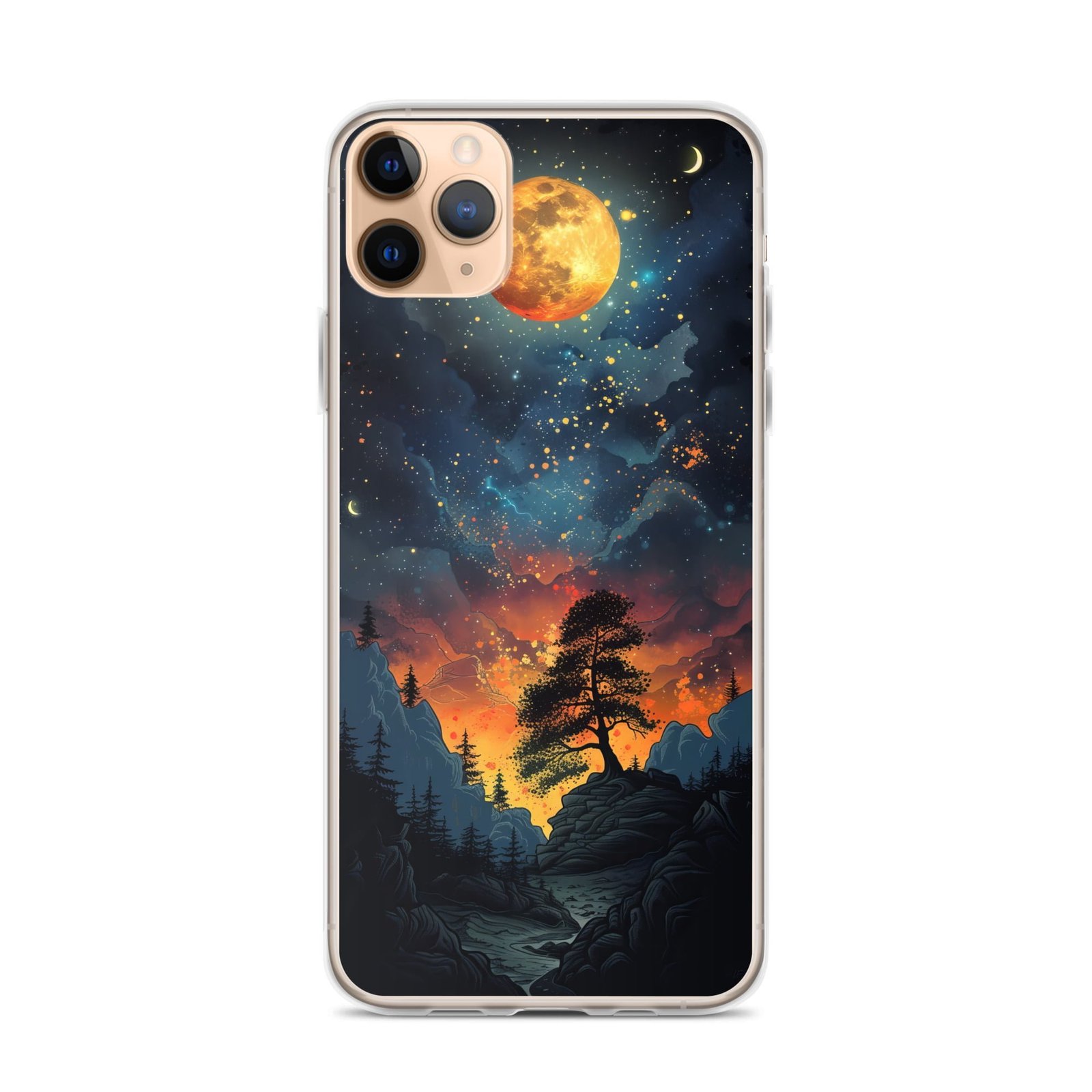 A clear phone case featuring a stunning night sky design with a captivating moon and trees, perfect for iPhone users.