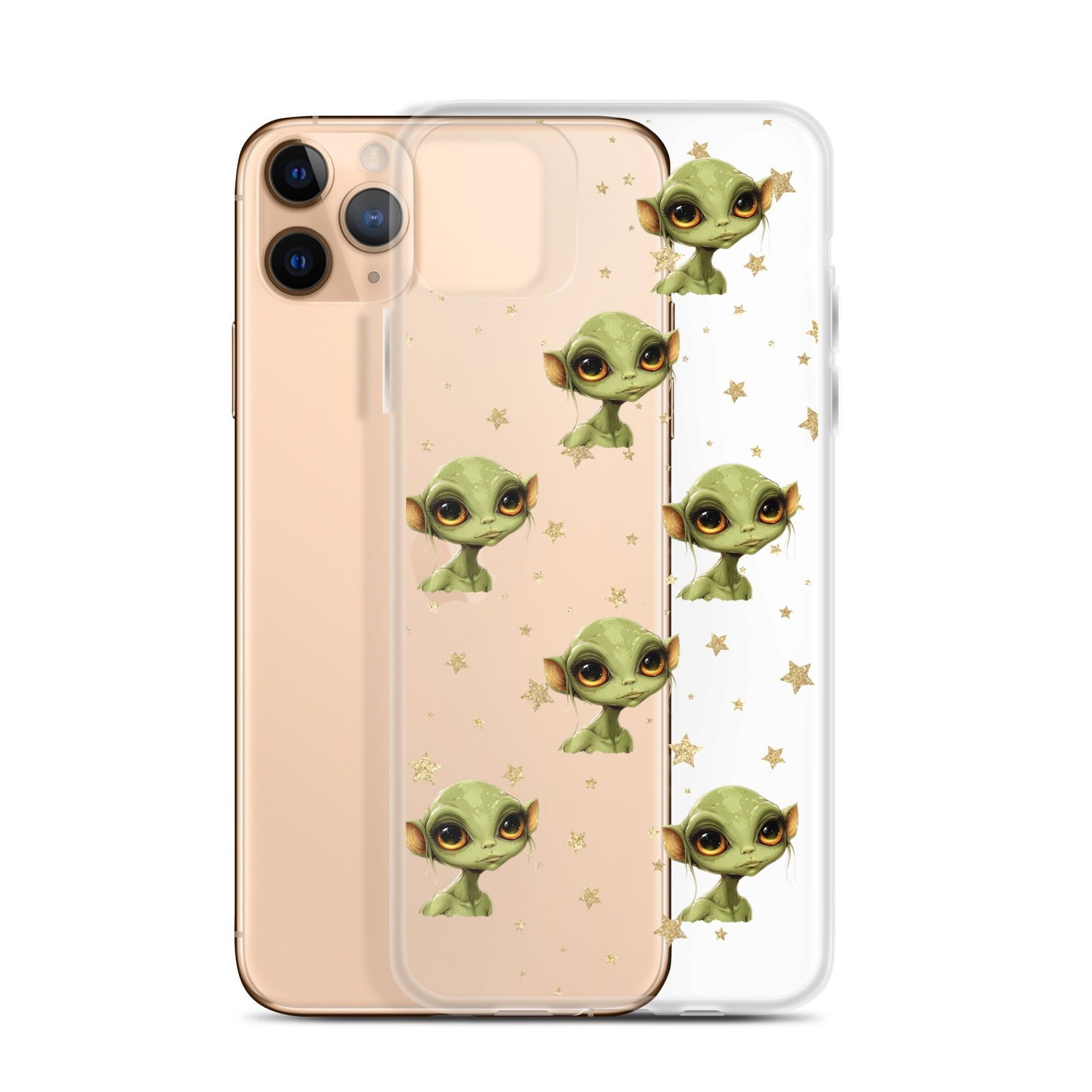 A clear case with green elves and stars on it.