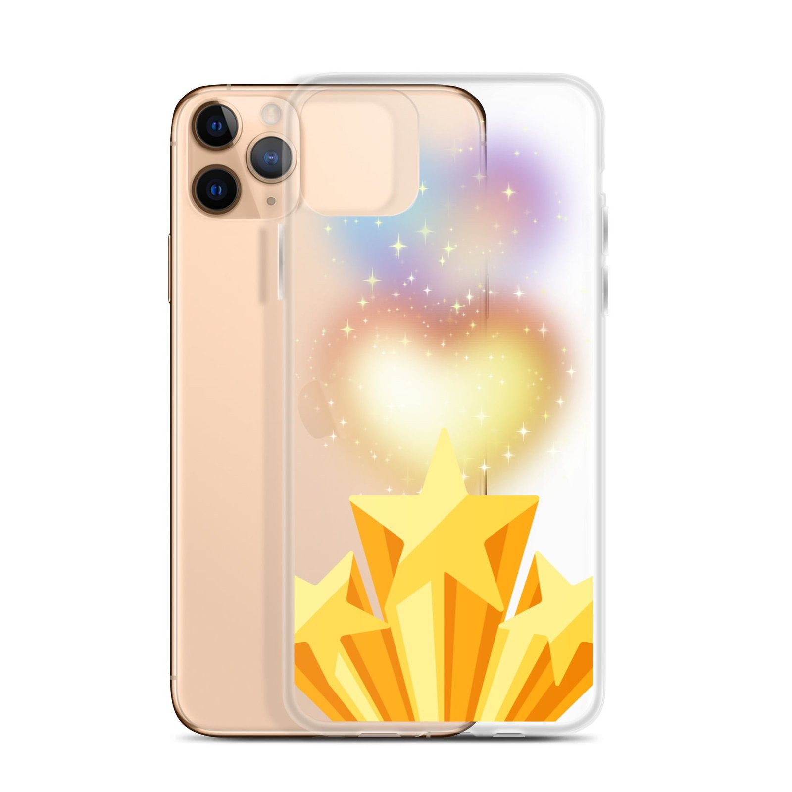 A clear iPhone case adorned with whimsical stars and hearts.