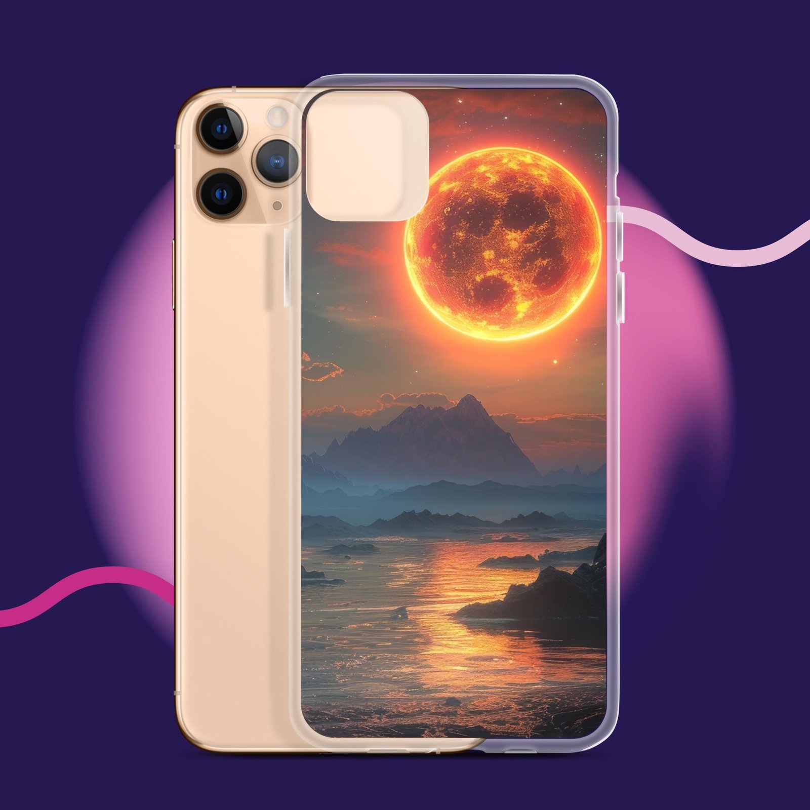 A Clear Case for iPhone® featuring an image of the moon and mountains.