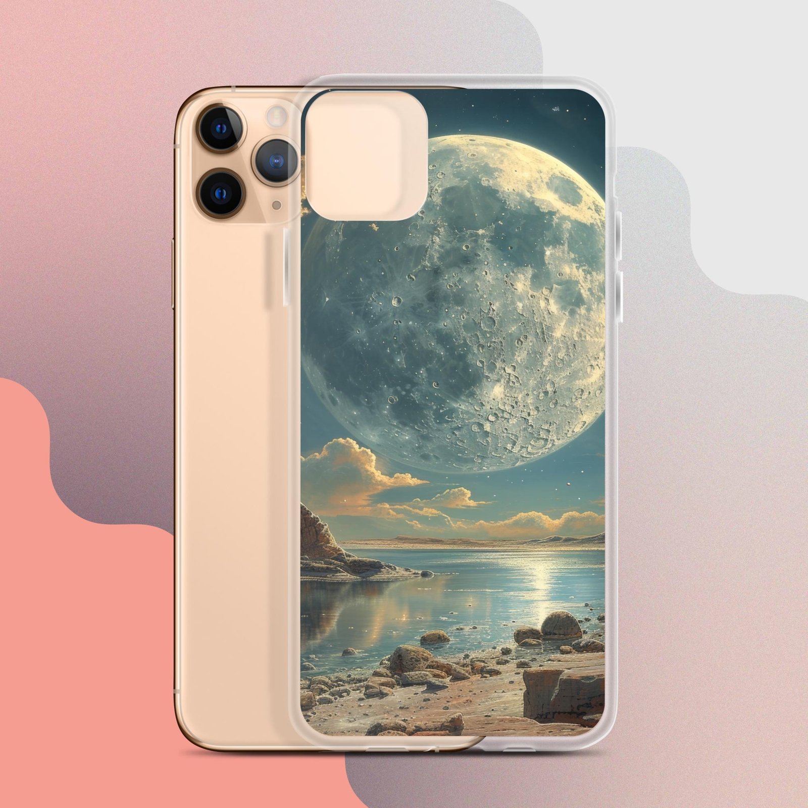 A Clear Case for iPhone featuring a mesmerizing full moon in the background.